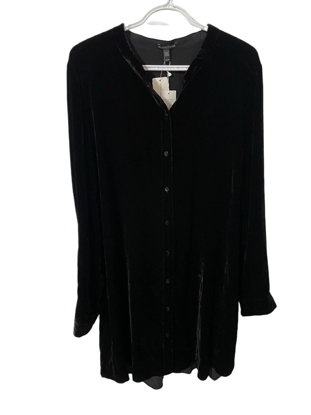 Nwt’s Eileen Fisher Black Soft Velvet Long-Sleeve Button-Front Tunic Size XL